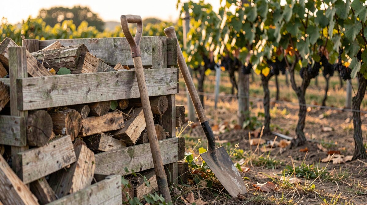 A wooden compost heap beside a vineyard row in late afternoon light, with a spade resting against the frame and vine leaves in soft focus behind.