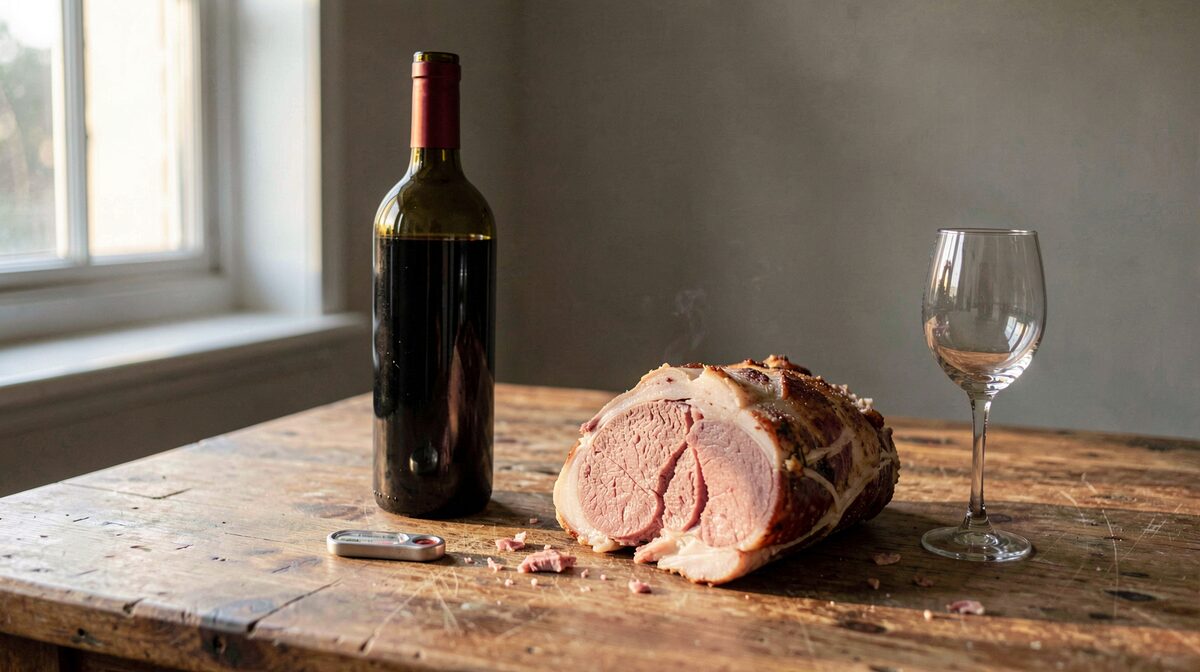 A dark glass bottle of red wine standing on a scrubbed wooden table beside a half-carved roast lamb shoulder, a stemmed glass, and a small thermometer, lit by late afternoon window light from the left.