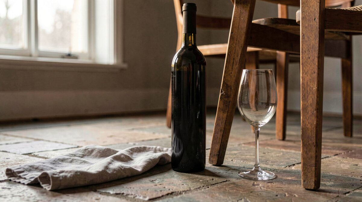 A dark glass wine bottle standing on a stone tile floor beside a wooden chair leg, a linen napkin and a single stem glass on the floor nearby, low side light from a window at late afternoon, close framing at floor level.
