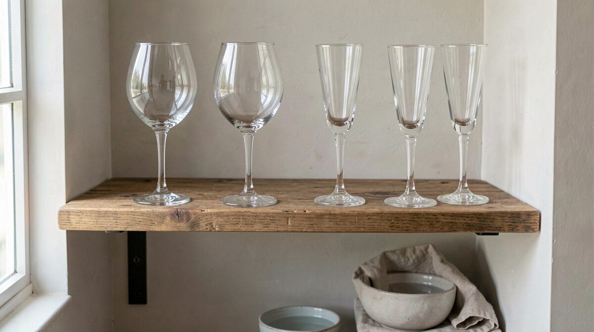 A wooden kitchen shelf holding four tulip wine glasses and four narrow flutes upright, two centimetres apart, with a folded linen cloth and a small bowl of water below, lit by soft morning light from a side window, shot straight on at shelf height.