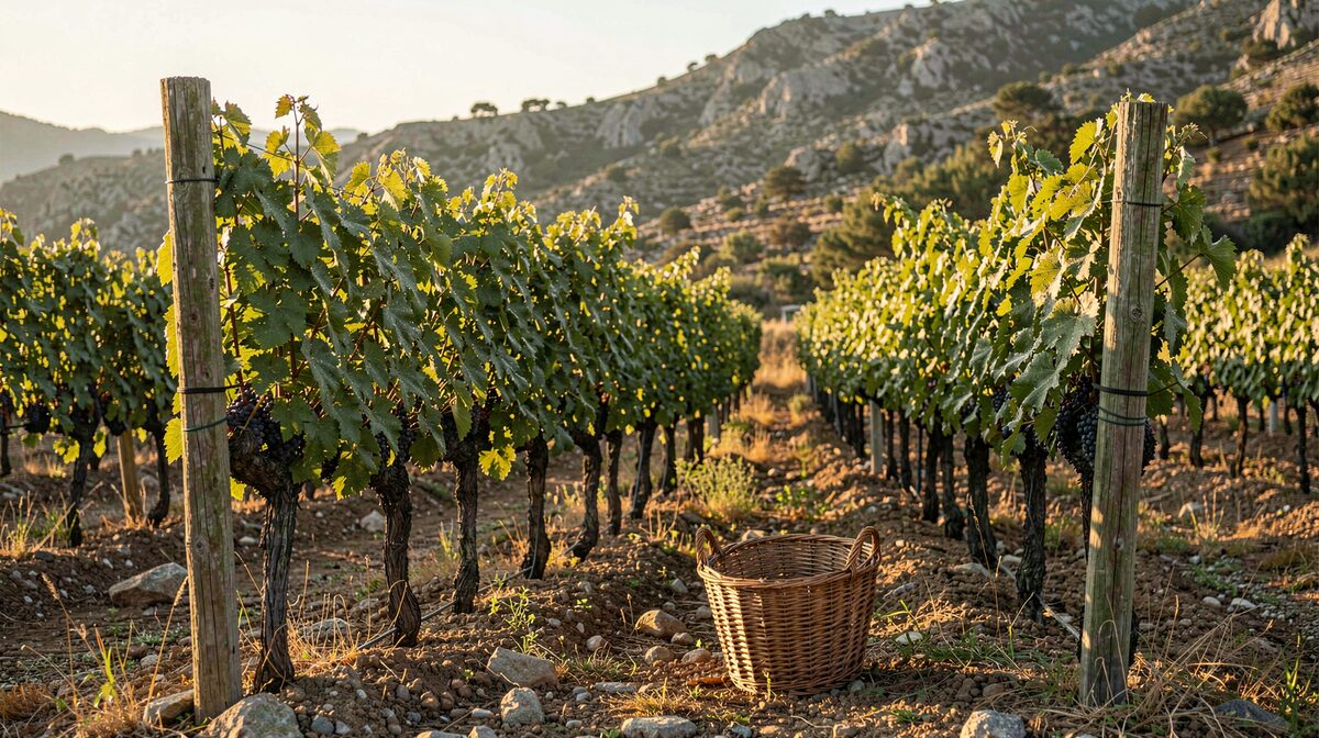 A single row of Verdelho vines on a granite hillside at first light, dew on the leaves, a picking basket set on the ground between two posts, the low sun raking across the row.