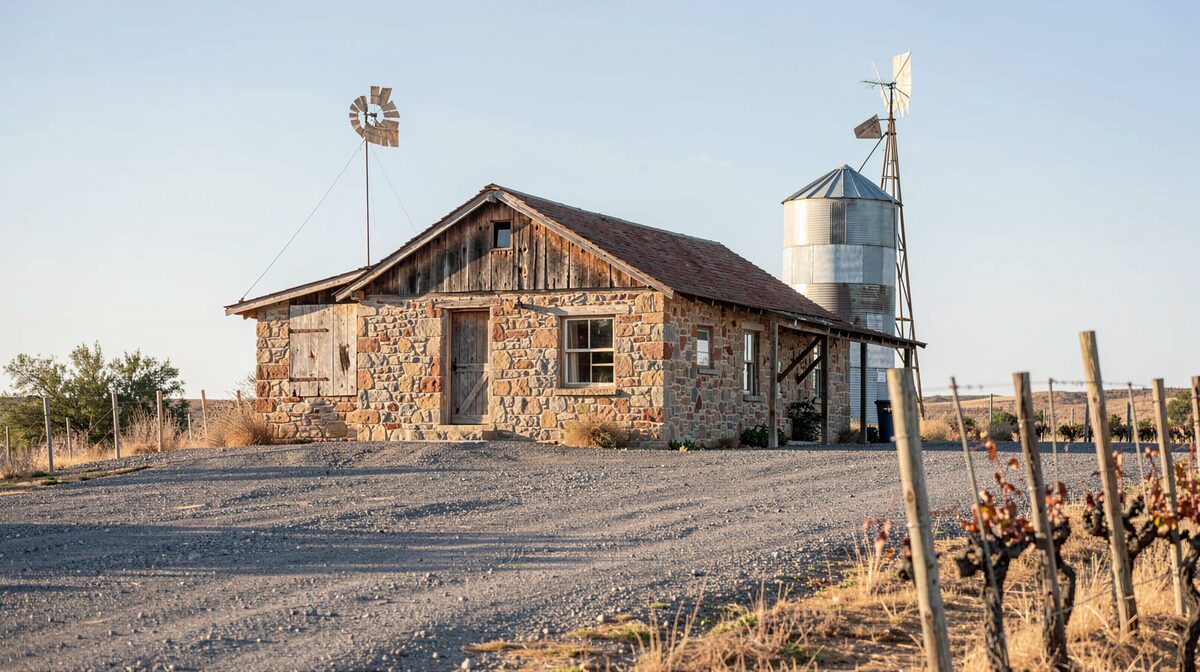 A weathered stone and timber homestead on a gravel rise at mid-morning, with a windmill and galvanised tank behind it and old vine rows visible at the edge of the frame.