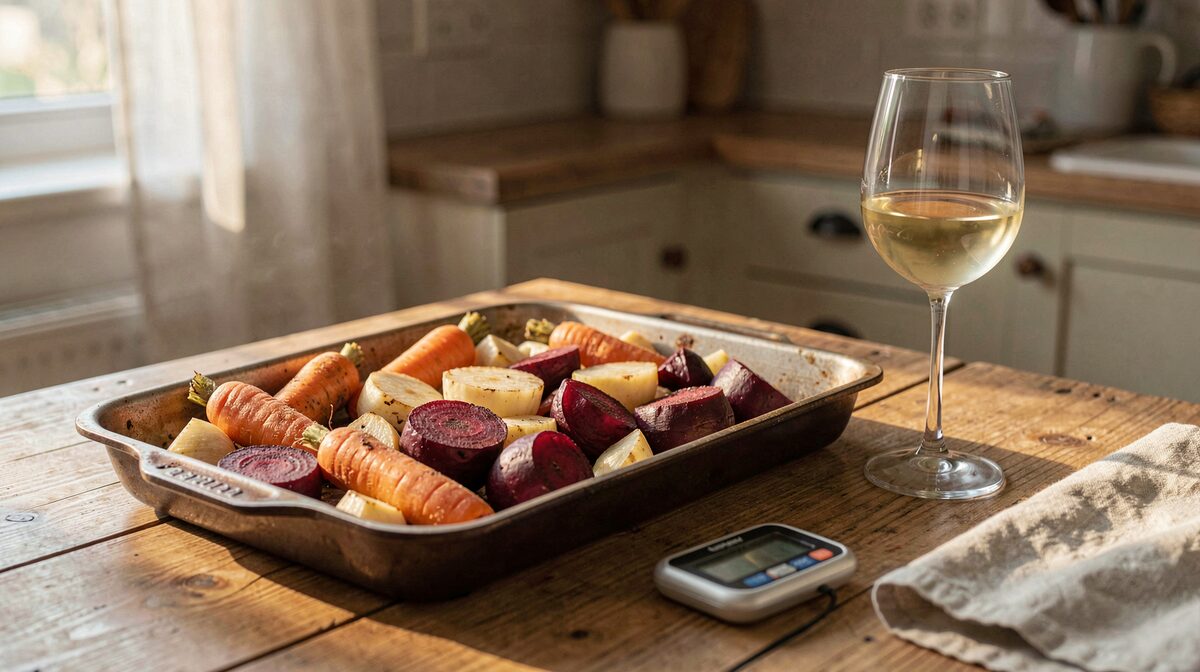 A wooden kitchen table in late afternoon light, a stemmed glass of pale white wine beside a roasting tray of carrots, parsnips and beetroot, a small digital thermometer and a linen napkin at the edge of the frame.